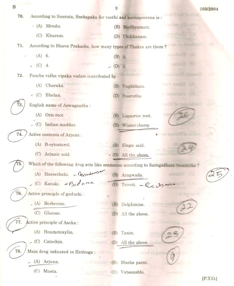 Kerala psc Ayurveda examination 